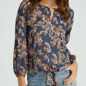 West Kei Navy Floral Tie-Front Blouse
